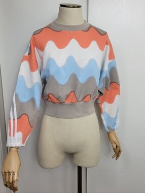 Marimekko Cropped Wavy Stripe Sweatshirt - Coral, Sky Blue & Gray